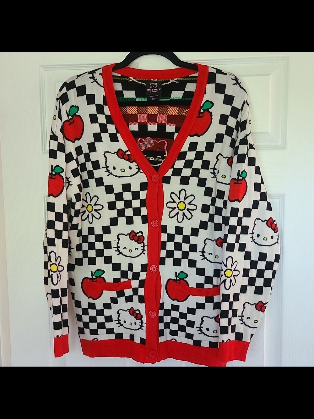 Hello Kitty Black & White Checker Cardigan with Red Trim and Apple Motif